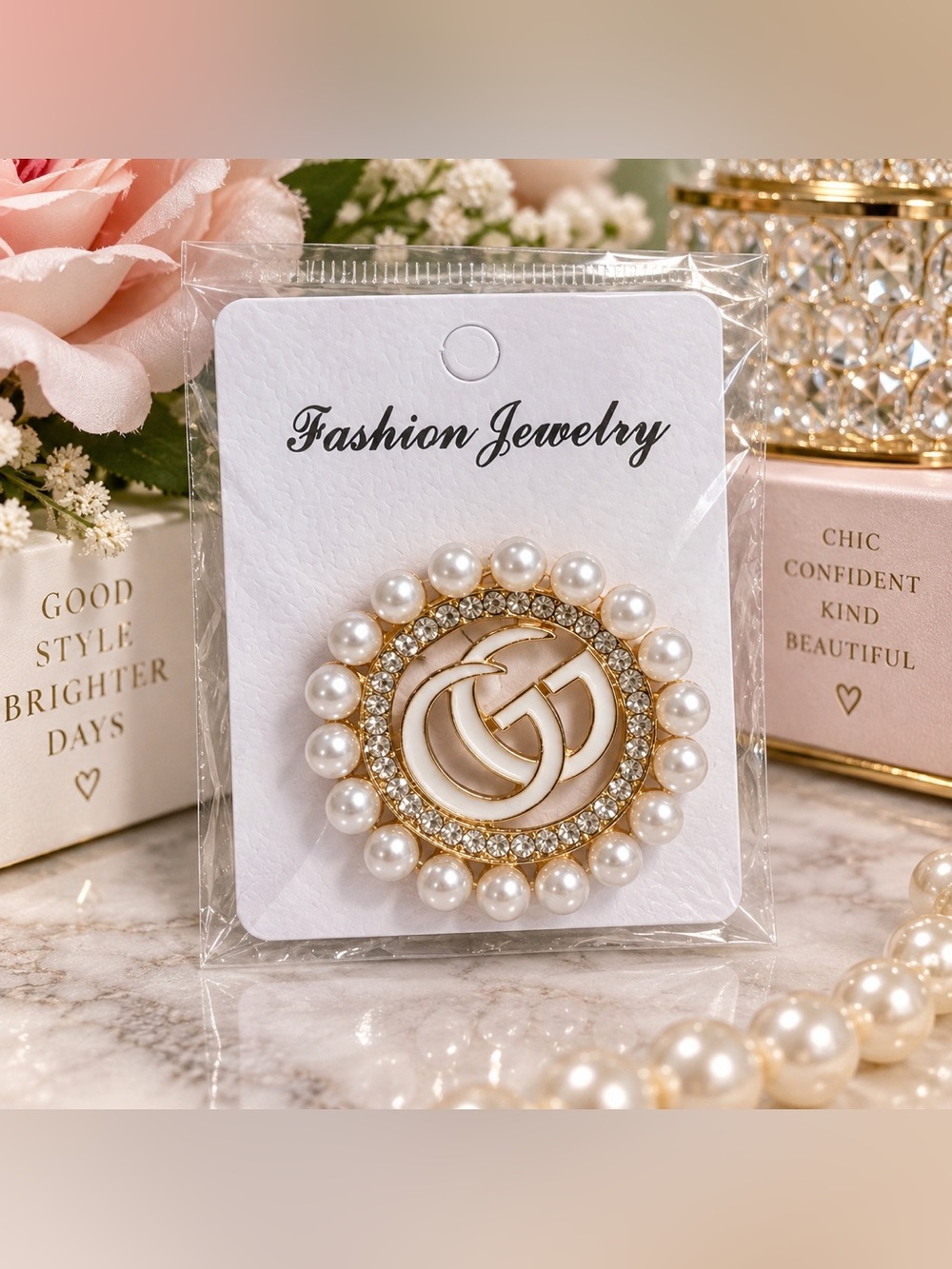 Pearl Rhinestone Gold Tone Statement Brooch Pin Fashion Jewelry